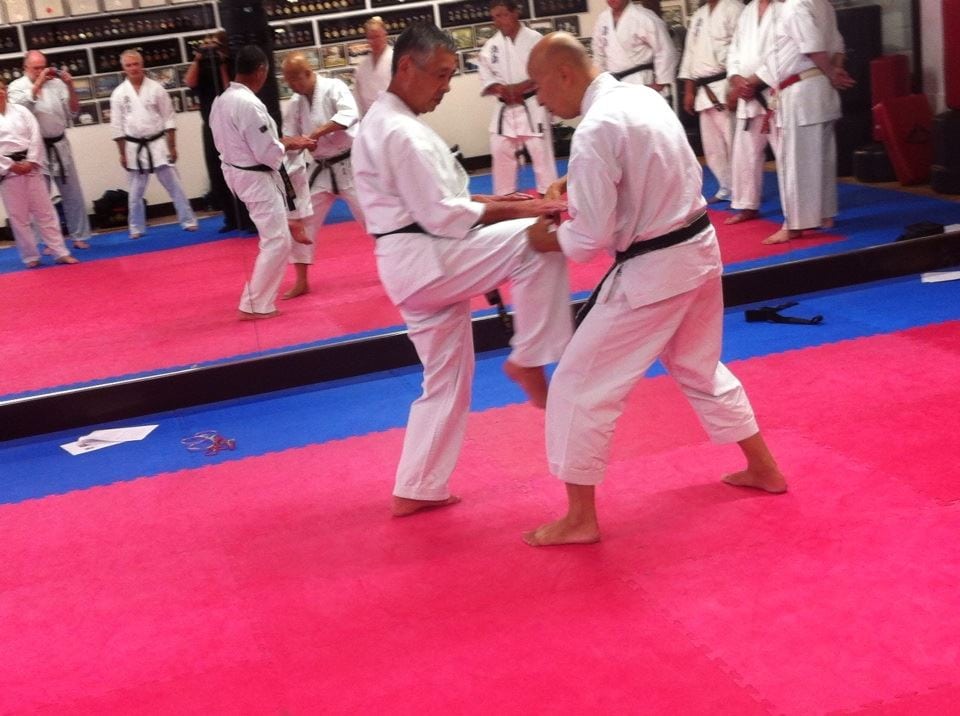 Sakamoto--Sensei demonstrates techniques with Toko Liu in his Bradford seminar.
